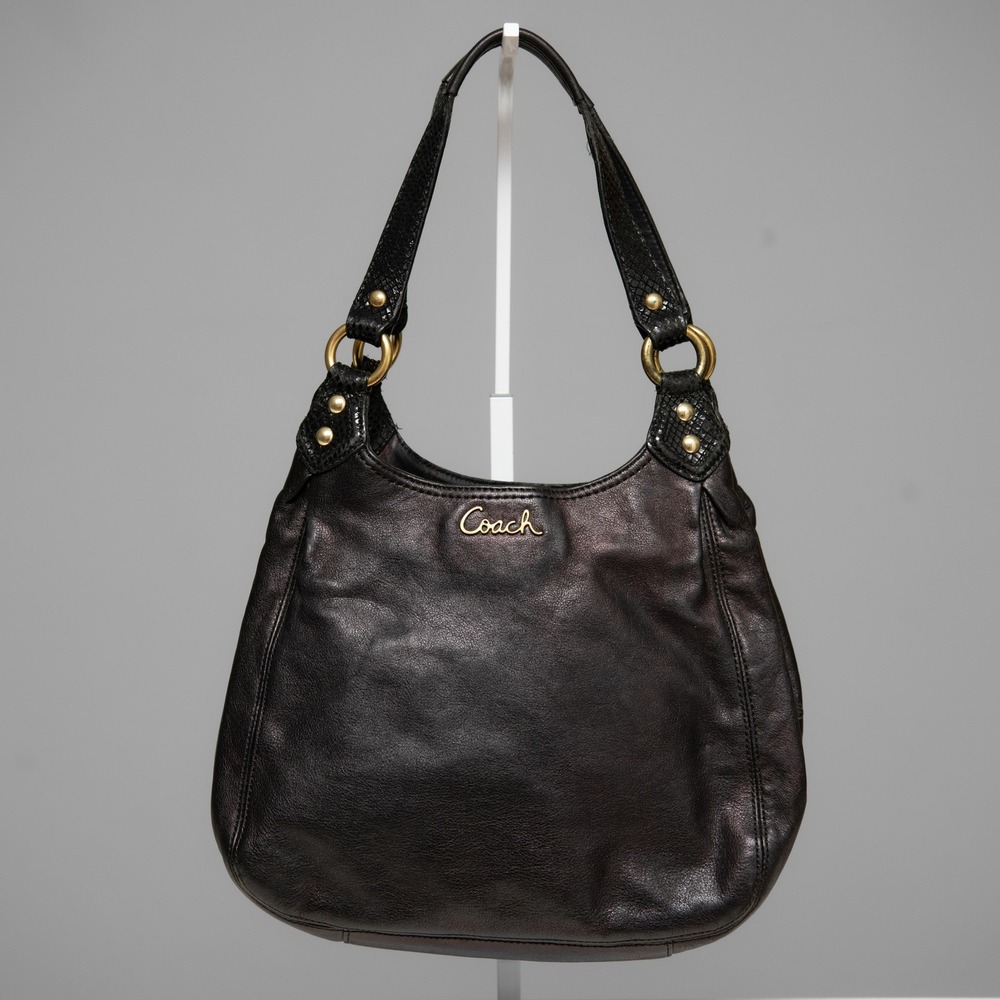 Coach Madison Maggie Hobo Shoulder Bag Black Metallic Leather Iridescent Shimmer